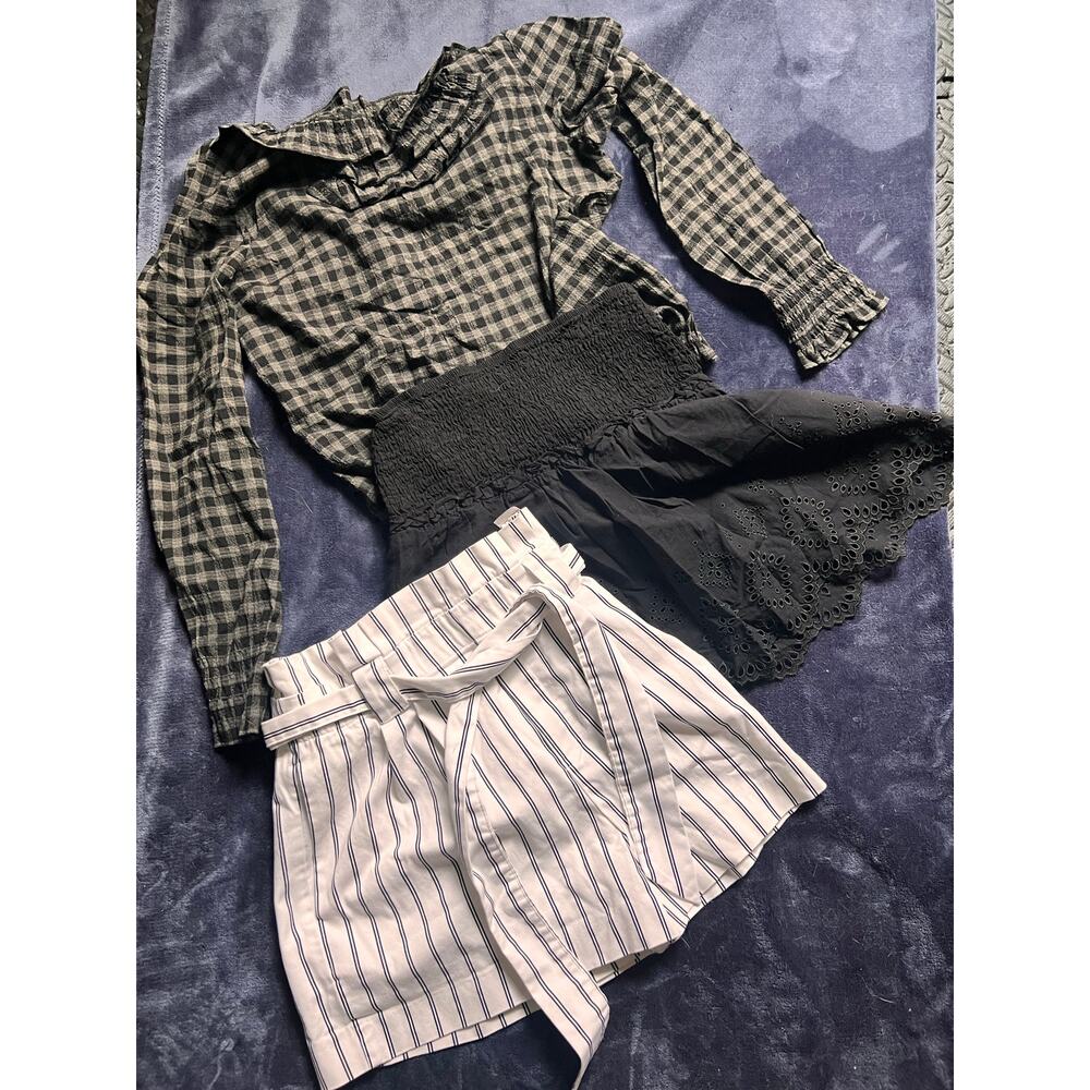 Zara Bundle XS/S – Gingham Blouse, Paperbag Striped Shorts, Black Eyelet Skirt